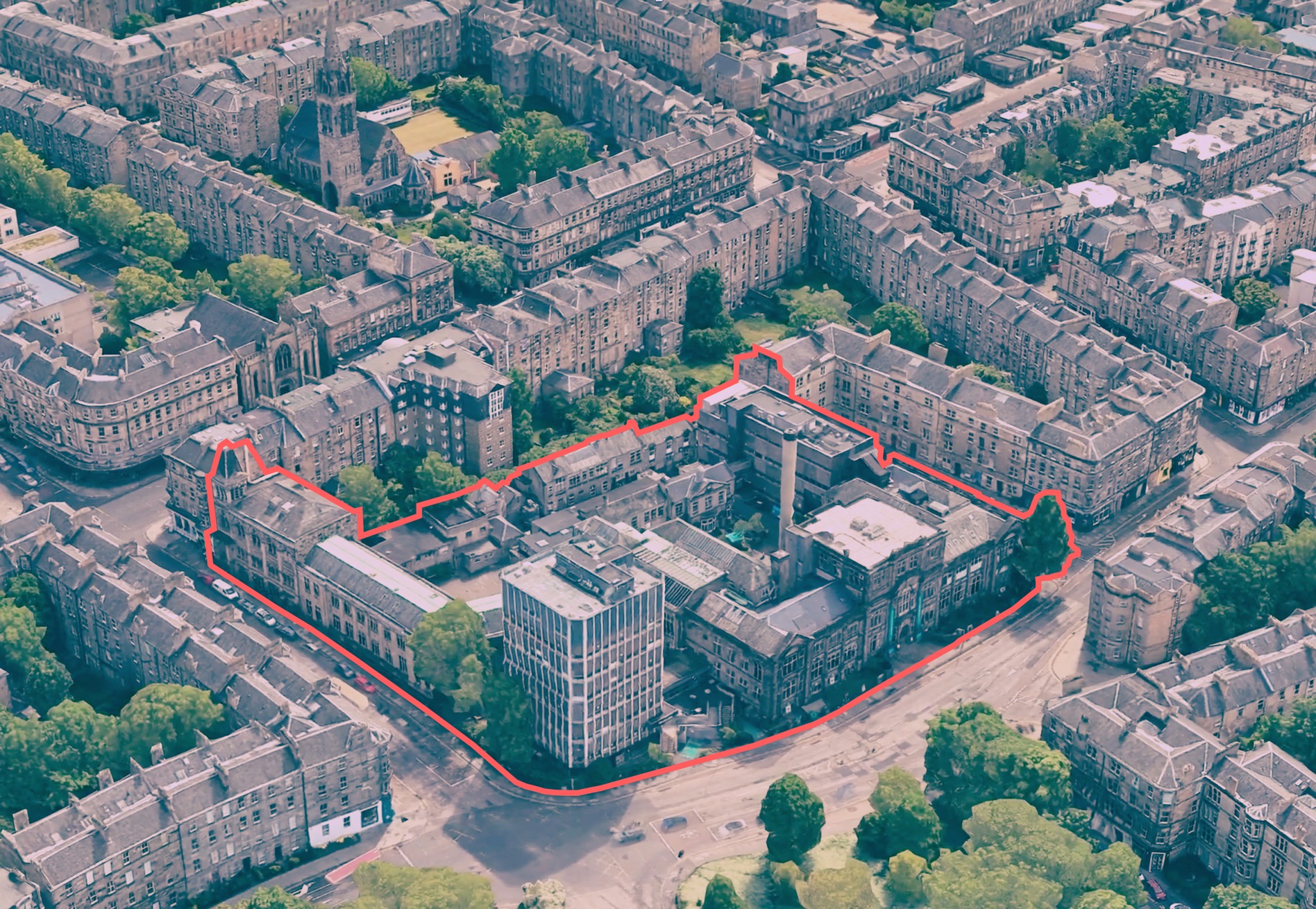 Aerial view of the Summerhall site in Edinburgh, with the site boundary outlined in red