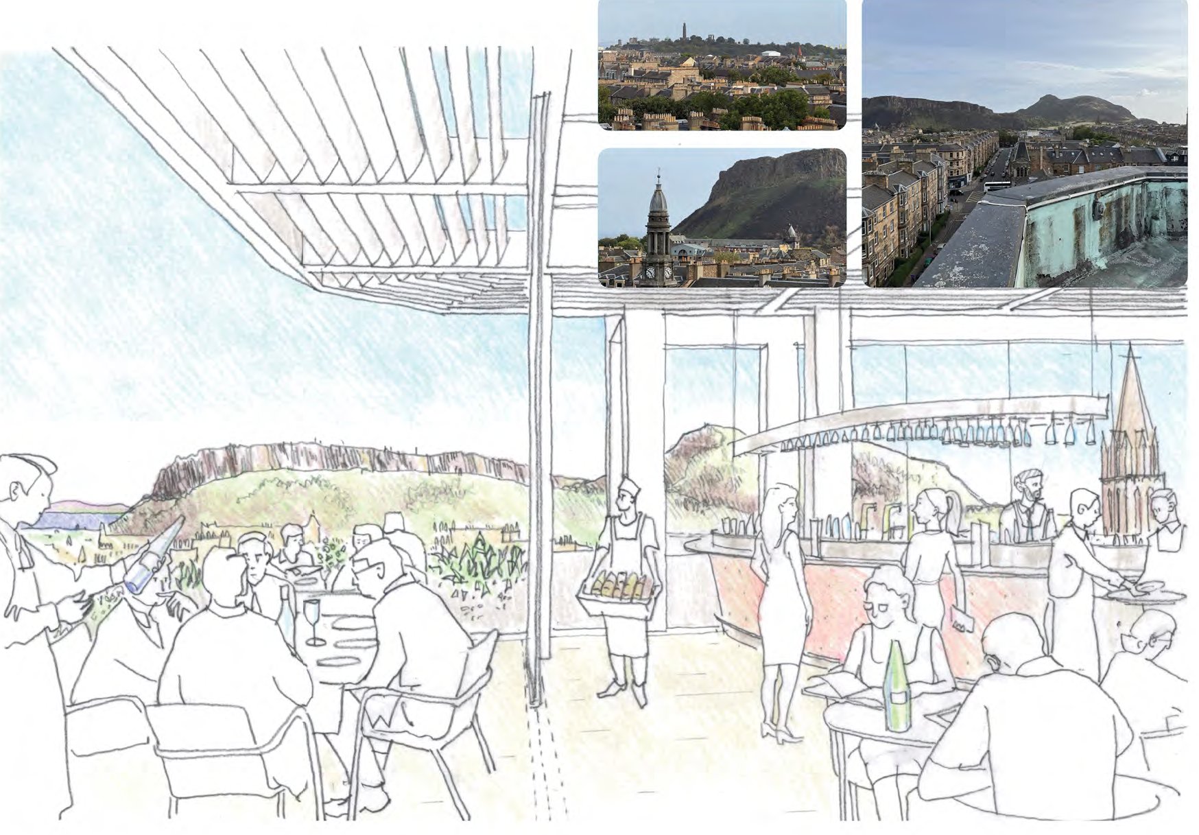 Sketch of a rooftop bar terrace on Block D looking towards Arthur's Seat, with photographs of the views from the roof inset