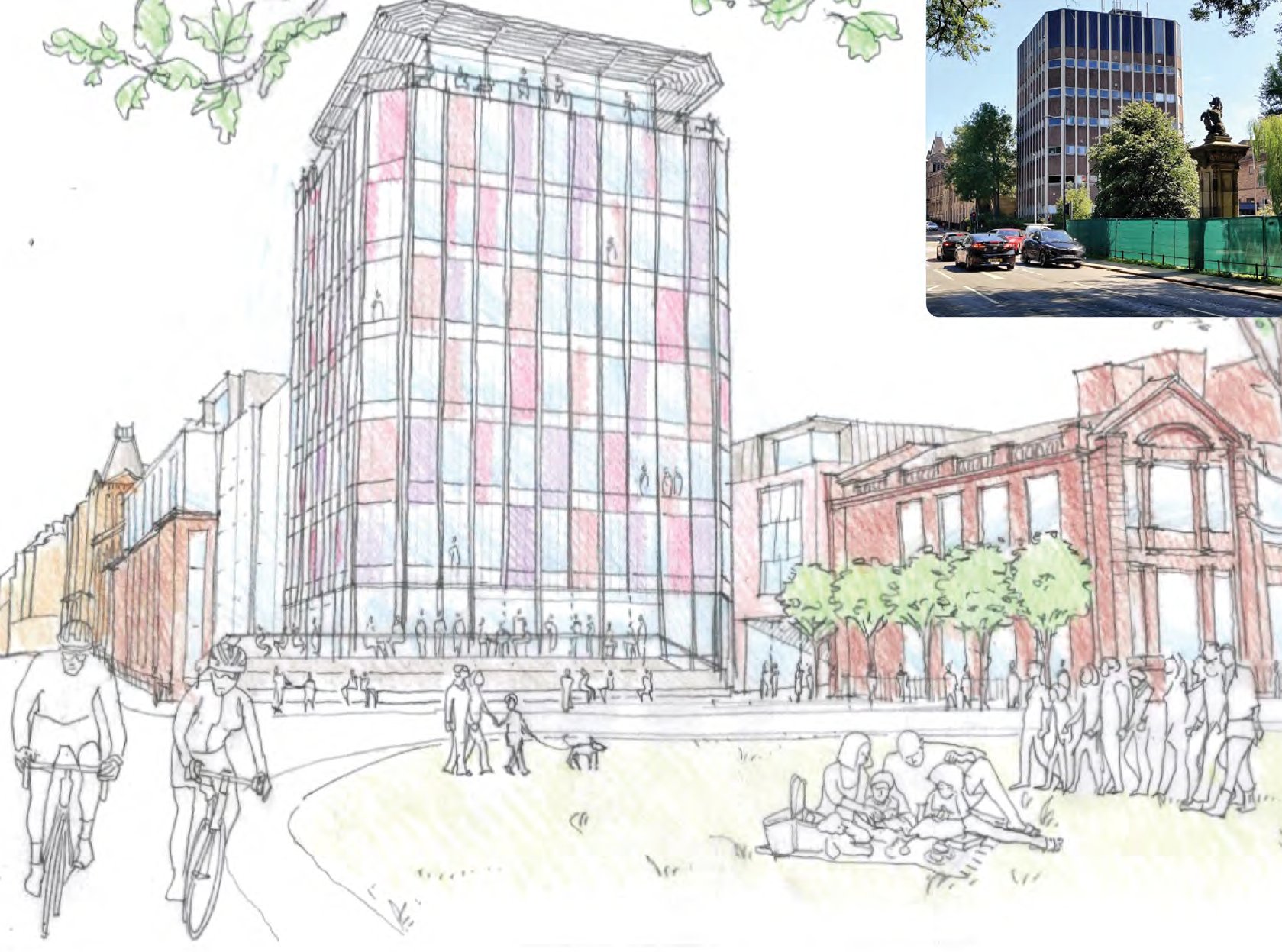 Sketch of the reimagined Block D tower seen from the Meadows, with a photograph of the existing tower inset