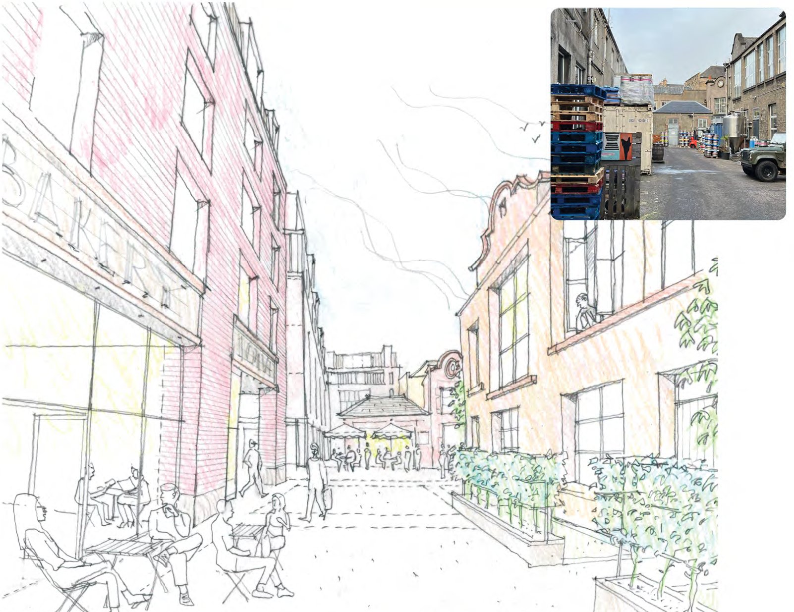 Sketch of the Mews Lane with a bakery, outdoor seating and planting, with a photograph of the existing lane inset
