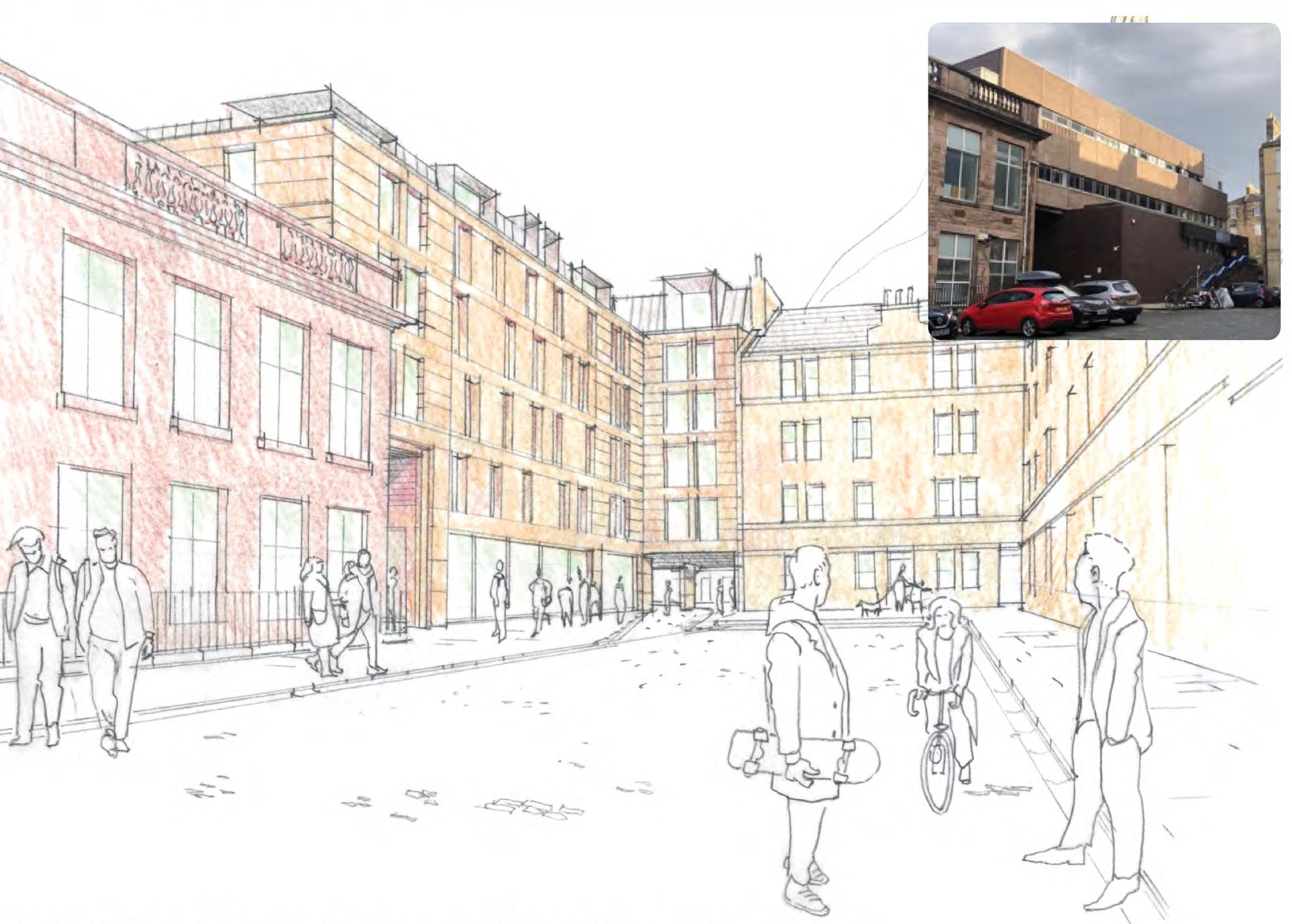 Sketch of Summerhall Square with new tenement-height buildings and people in the street, with a photograph of the existing street inset